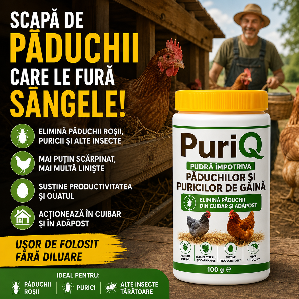PuriQ™ - Pudră Anti-Păduchi pentru Găini