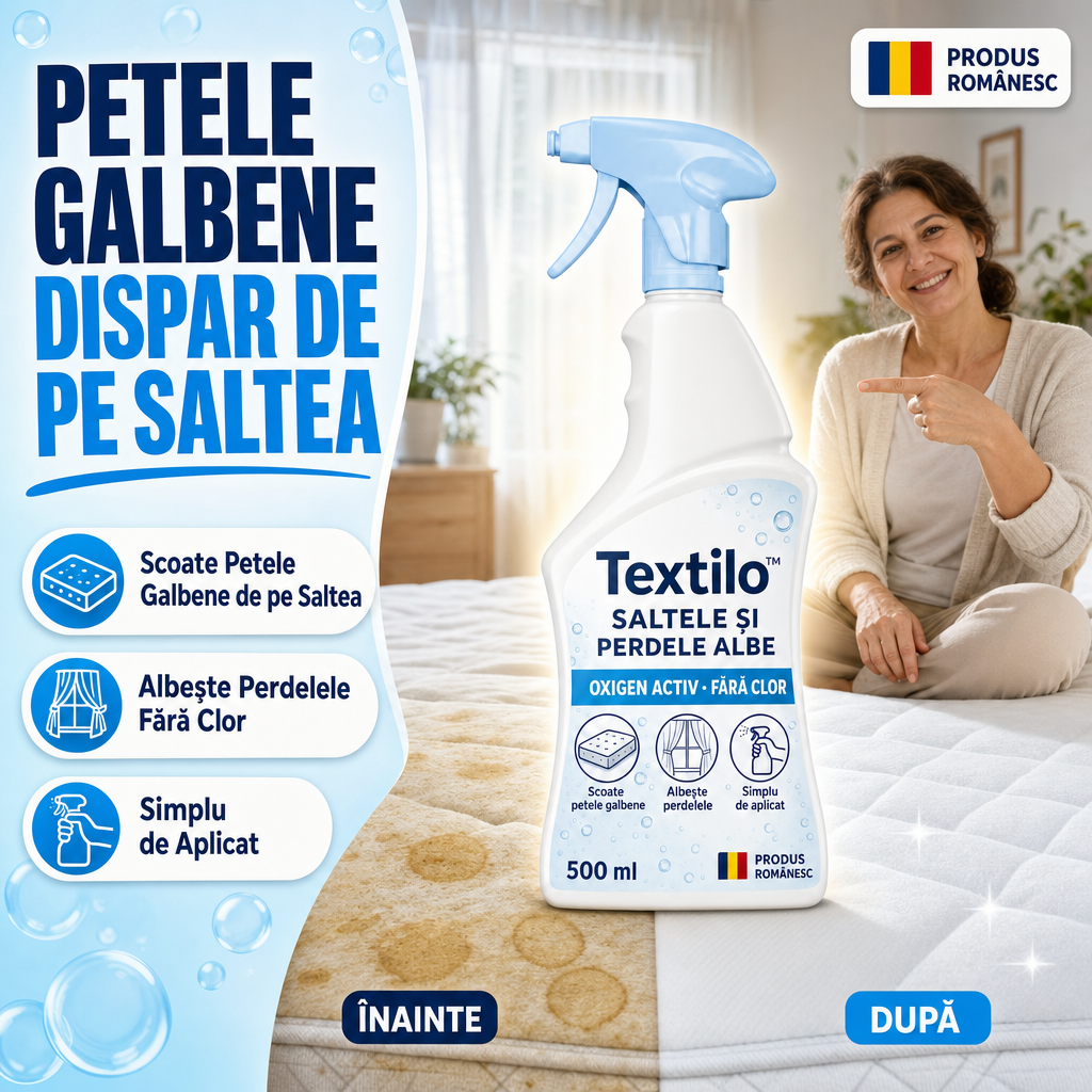 Textilo spray pentru petele galbene de pe saltea, înainte și după